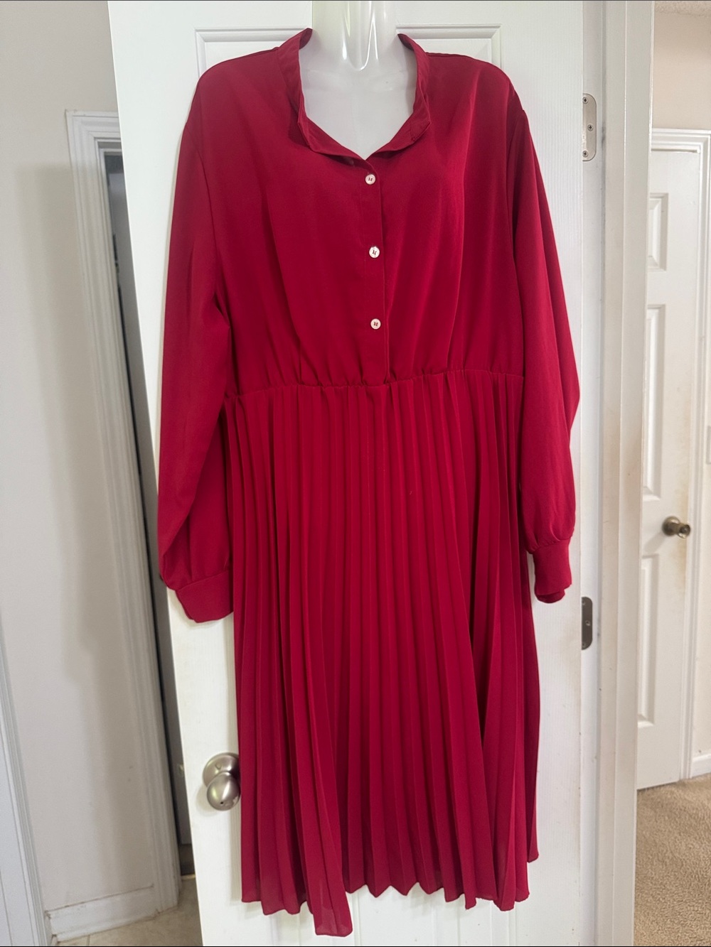 SHEIN Red Pleated Midi Shirt Dress